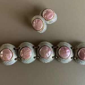 Vintage White-Washed Linked Faux Large Pink Pearl-Like Bracelet & Earrings Set
